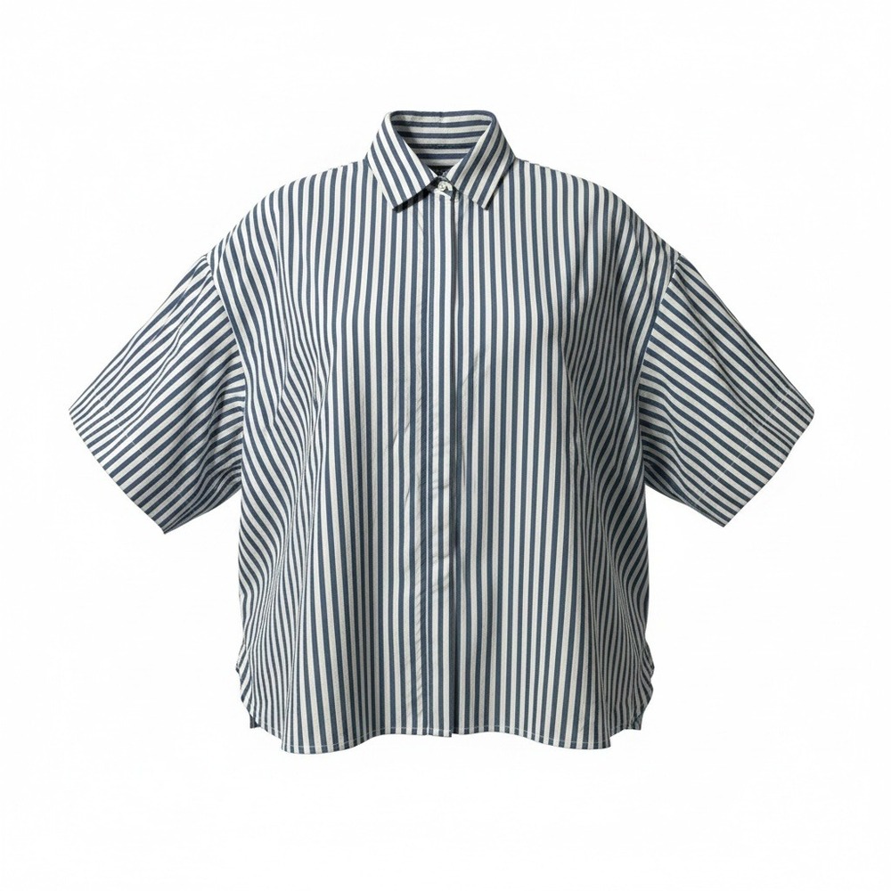 French Connection Button Down Womens L Blue Stripe Boxy Coastal Preppy Shirt